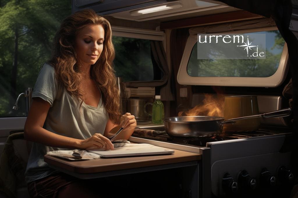 Am Tisch sitzende Frau im Campingwagen. Auf den Camping-Kochplatten, mit Gas betrieben, wird das Essen zubereitet.