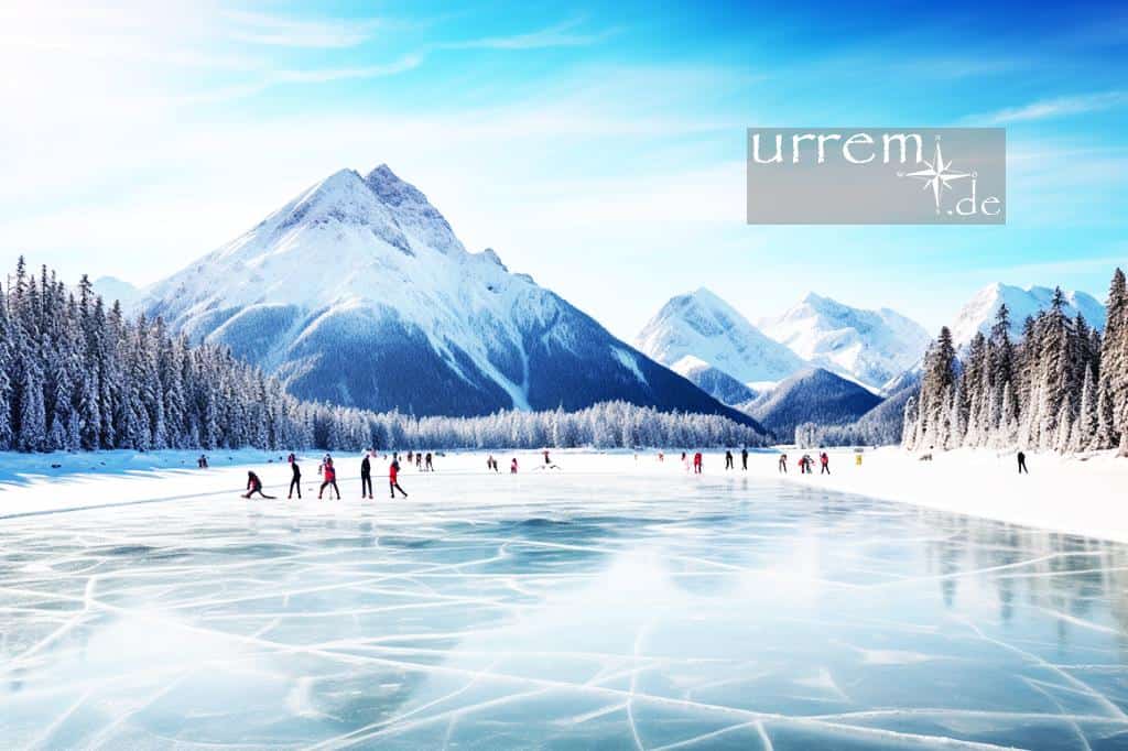 Der Eibsee im Winter - mit spielenden Personen auf dem Eis und im Blickfeld die Zugspitze. Der Eibsee im Winter - mit spielenden Personen auf dem Eis und im Blickfeld die Zugspitze.