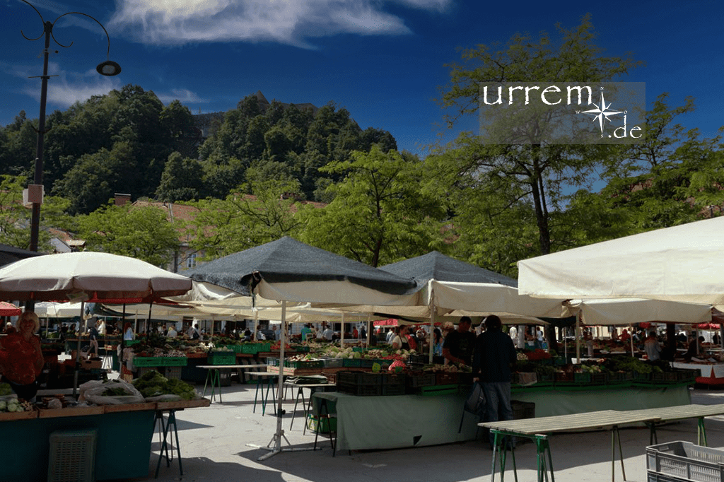 Der Markt (Marktplatz) Ljubljana, mit vielen freundlichen Verk&auml;ufern und farbenfrohen St&auml;nden.